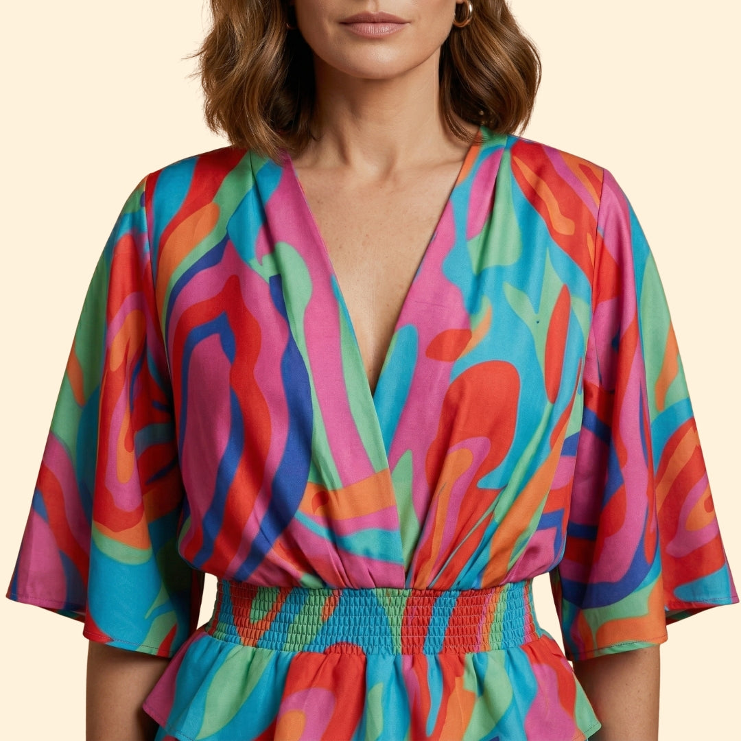 Women's Patterned V-Neck Mini Dress