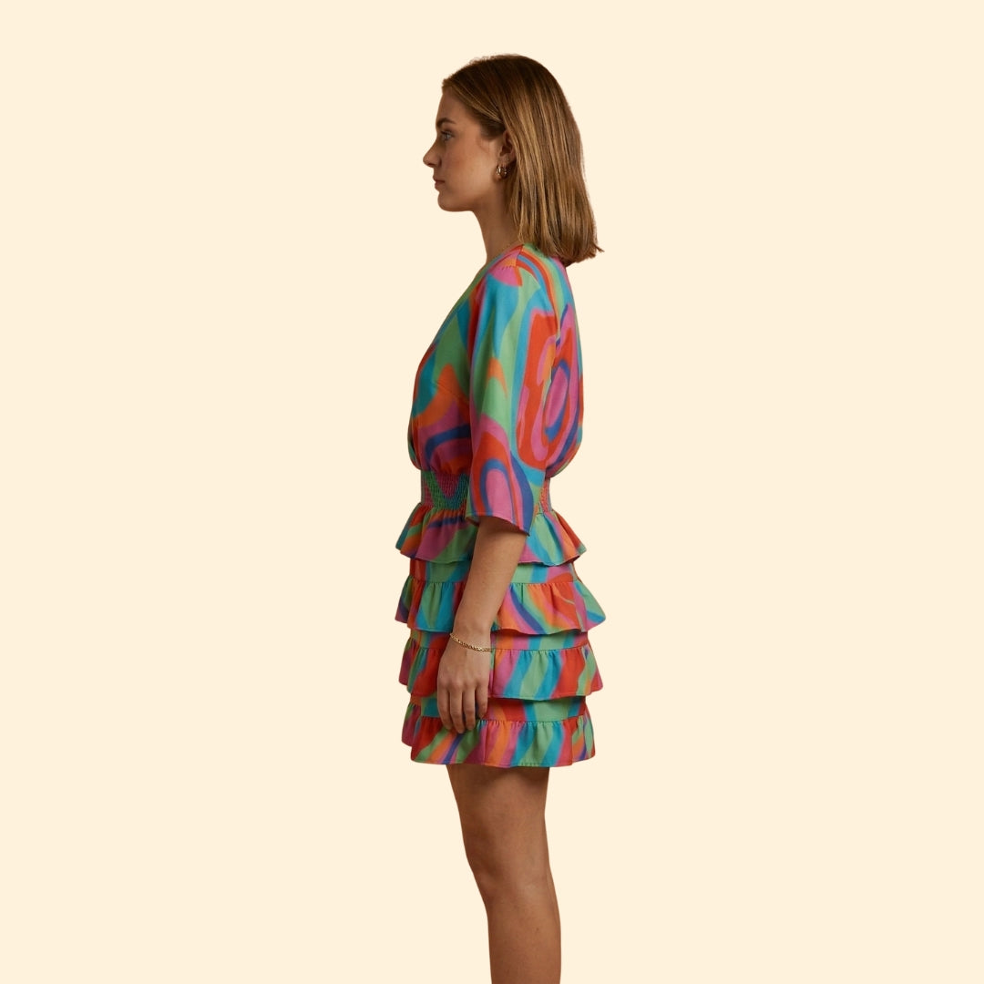 Women's Patterned V-Neck Mini Dress
