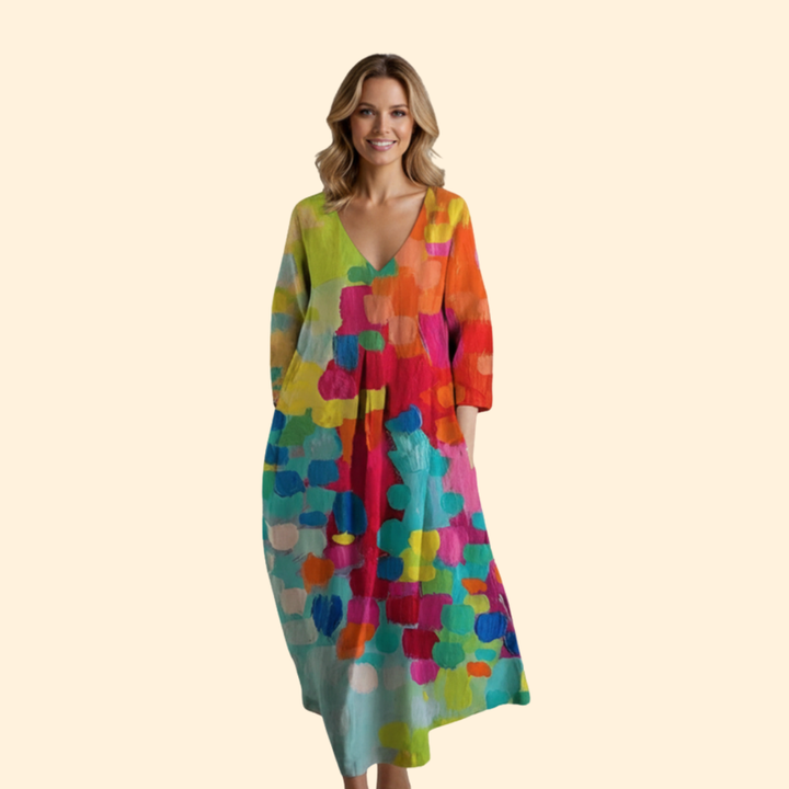Women's Print Midi Dress with V-Neck