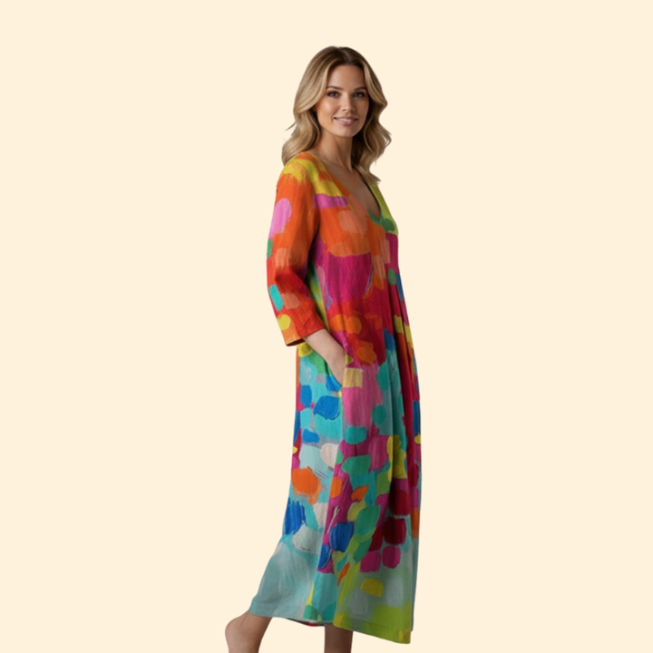 Women's Print Midi Dress with V-Neck