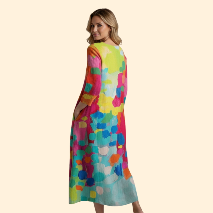 Women's Print Midi Dress with V-Neck