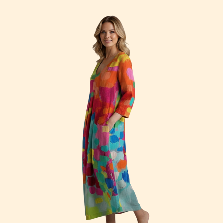 Women's Print Midi Dress with V-Neck