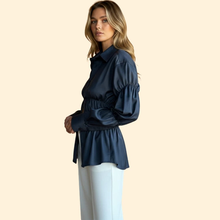 Women's Ruched Waist Button-Down Shirt