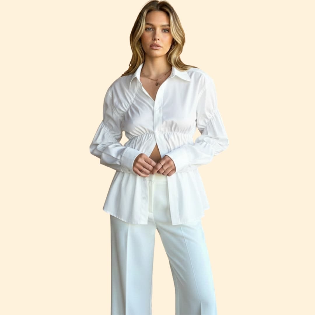 Women's Ruched Waist Button-Down Shirt