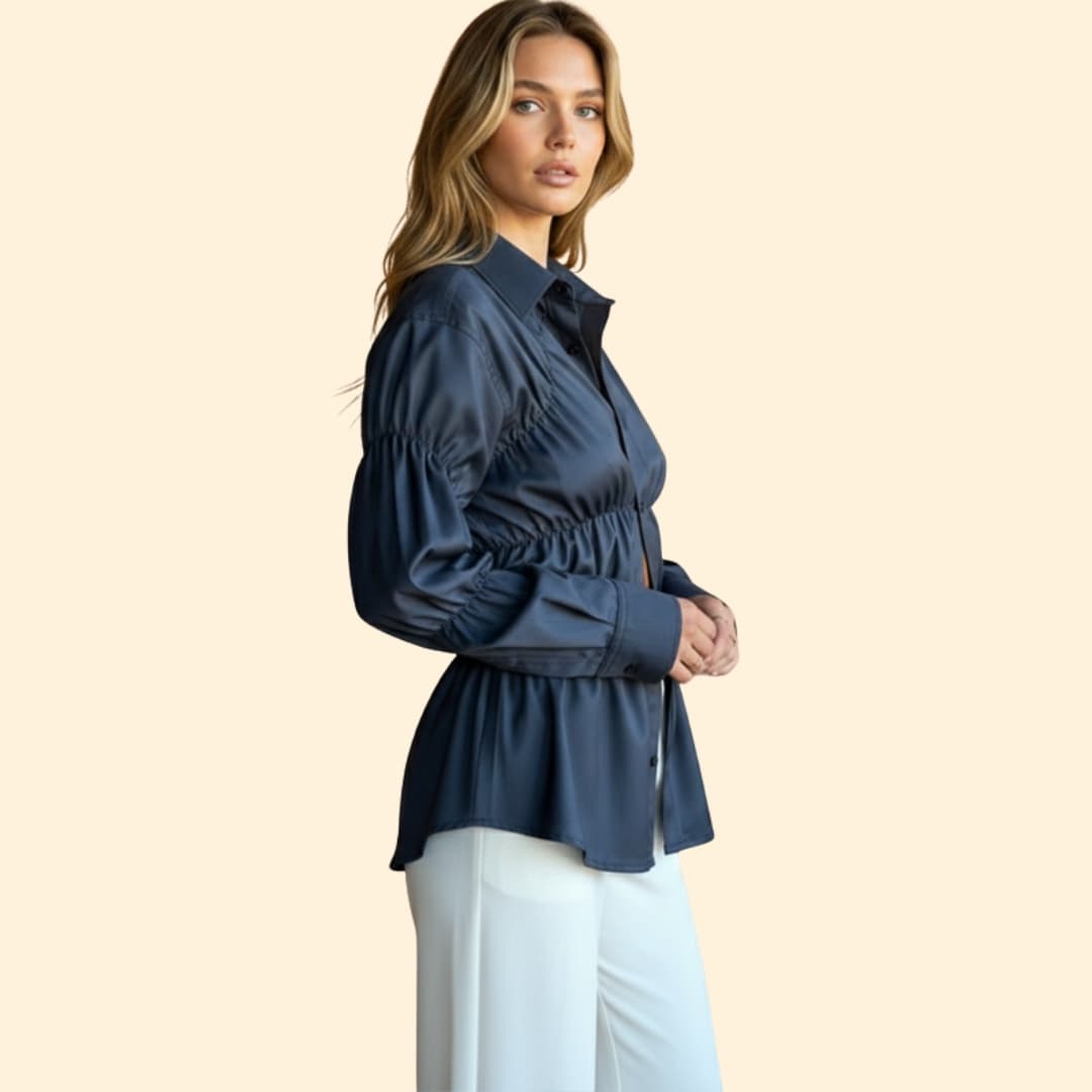 Women's Ruched Waist Button-Down Shirt