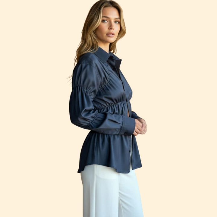 Women's Ruched Waist Button-Down Shirt