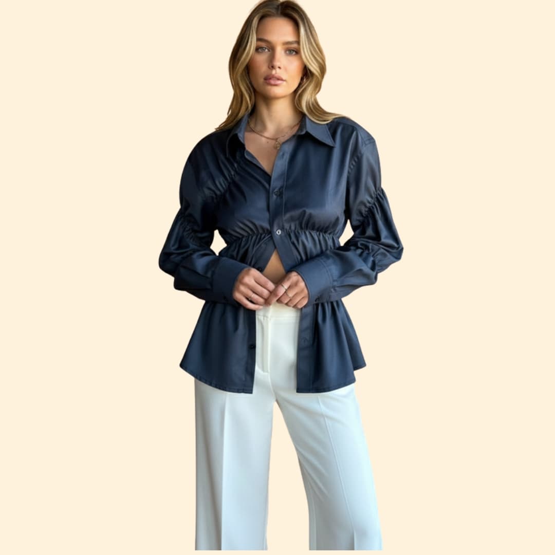 Women's Ruched Waist Button-Down Shirt