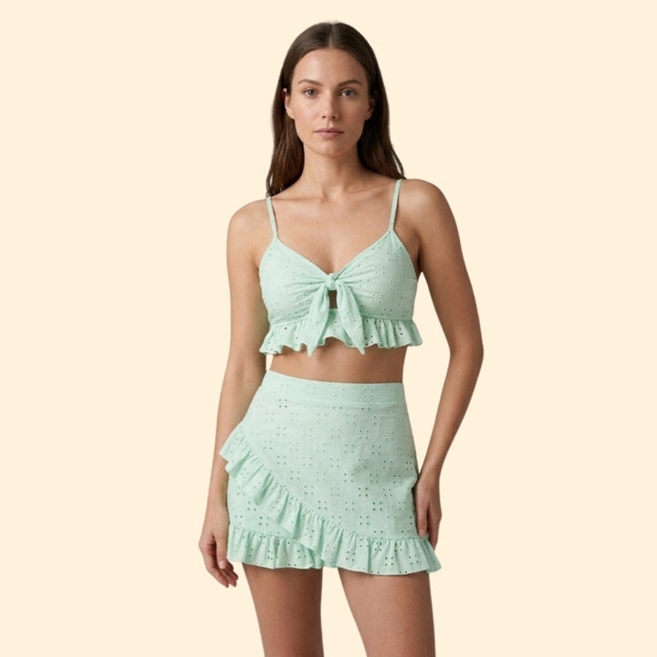 Women's Tie-Front Crop Top and Skirt Set for Summer