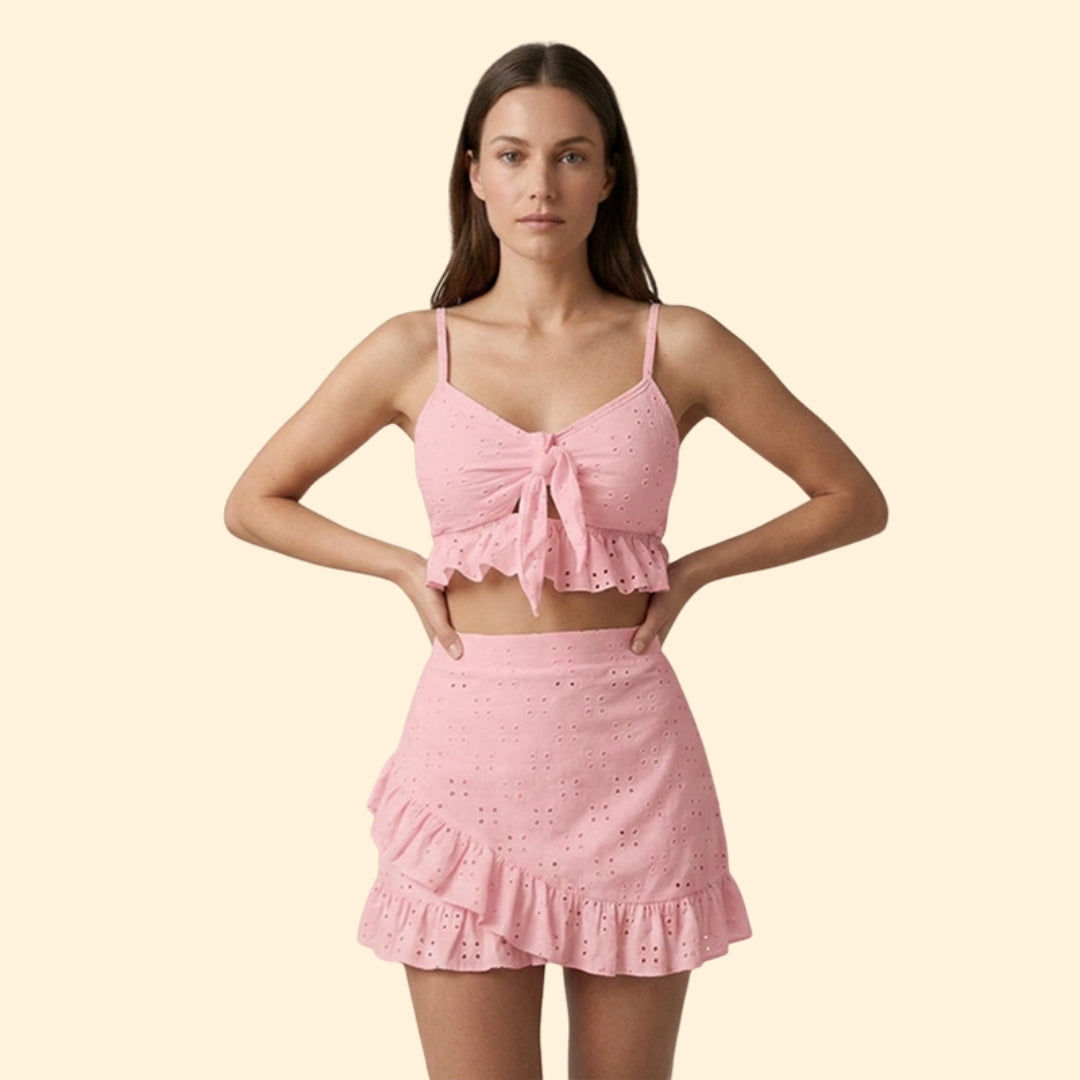 Women's Tie-Front Crop Top and Skirt Set for Summer