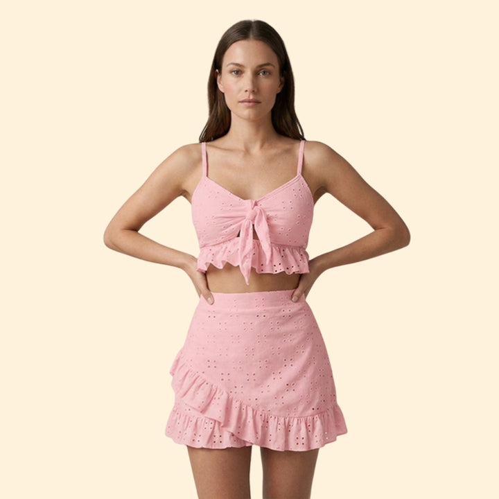 Women's Tie-Front Crop Top and Skirt Set for Summer