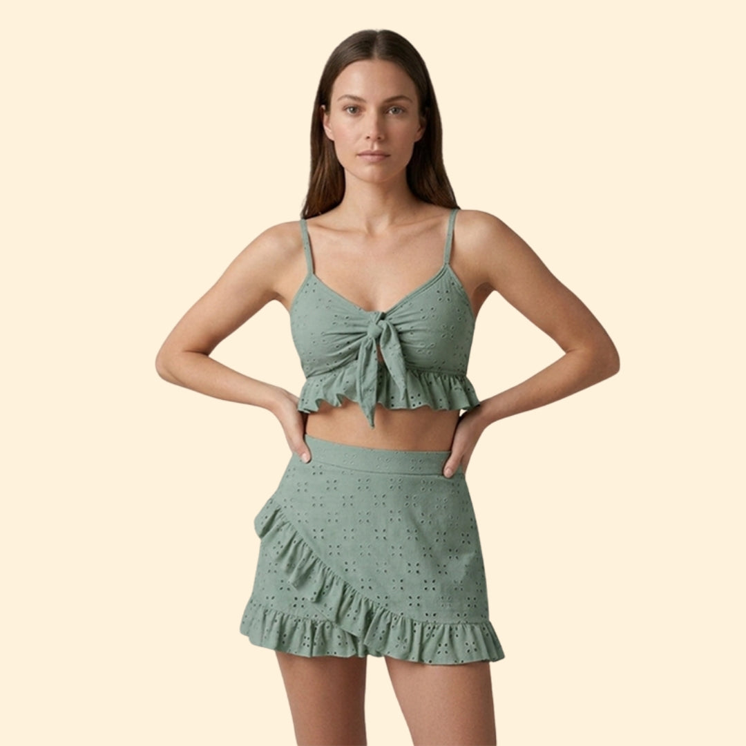 Women's Tie-Front Crop Top and Skirt Set for Summer